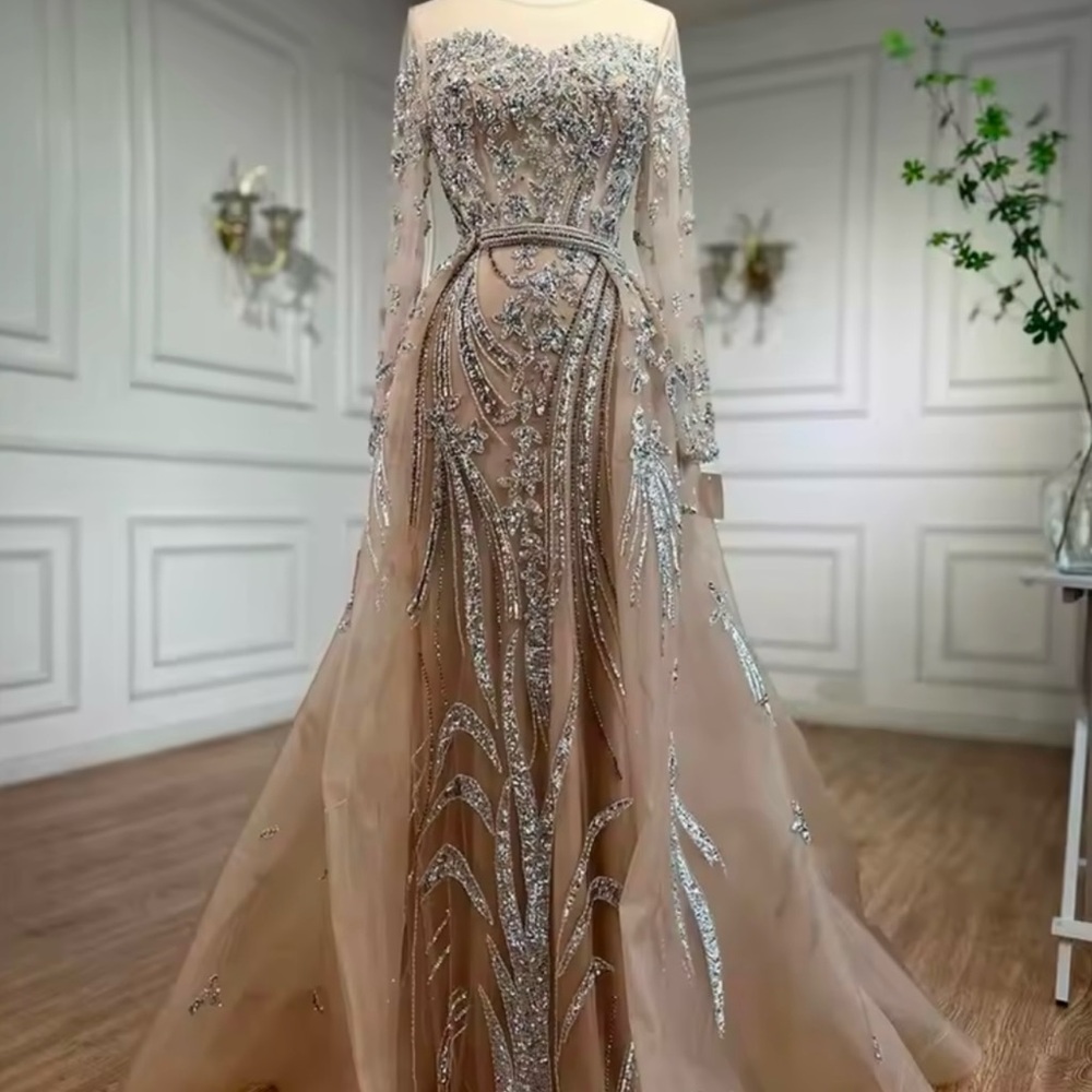 Nude Beaded Long-Sleeve Evening Gown